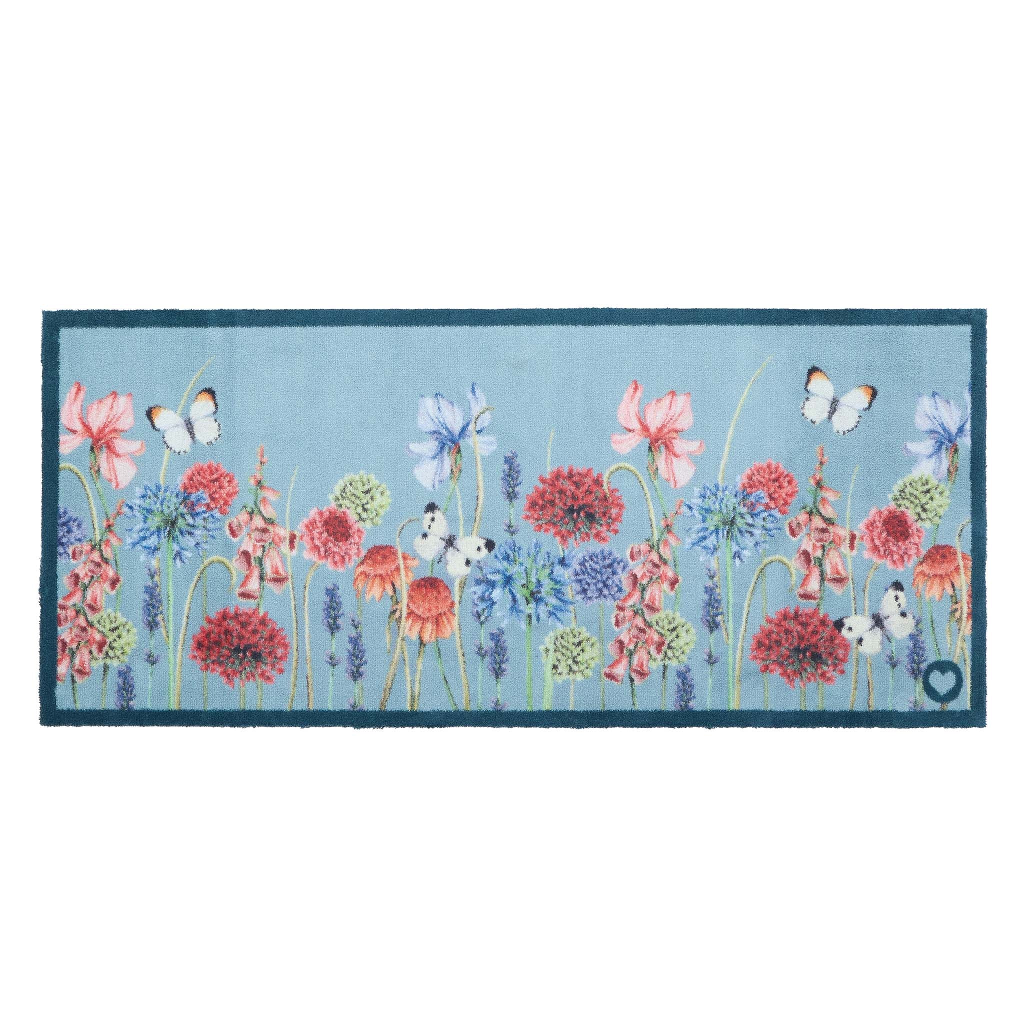 Butterfly Garden Blue Runner- 100% recycled cotton runner featuring a wildflower garden and butterflies.