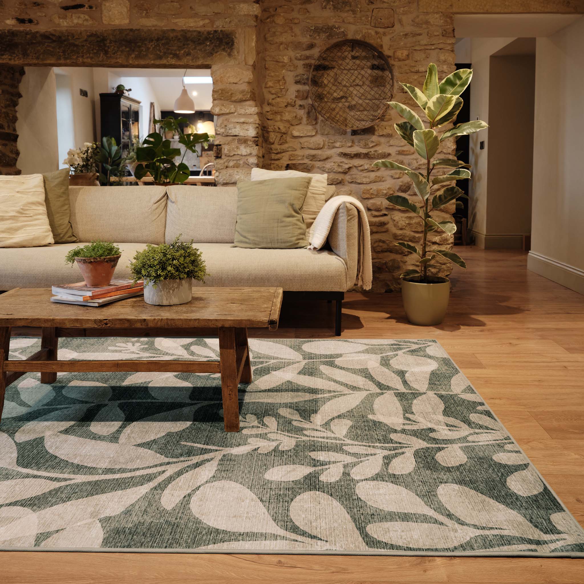 Hug Rug Eco-Washable Eden Leaves Green