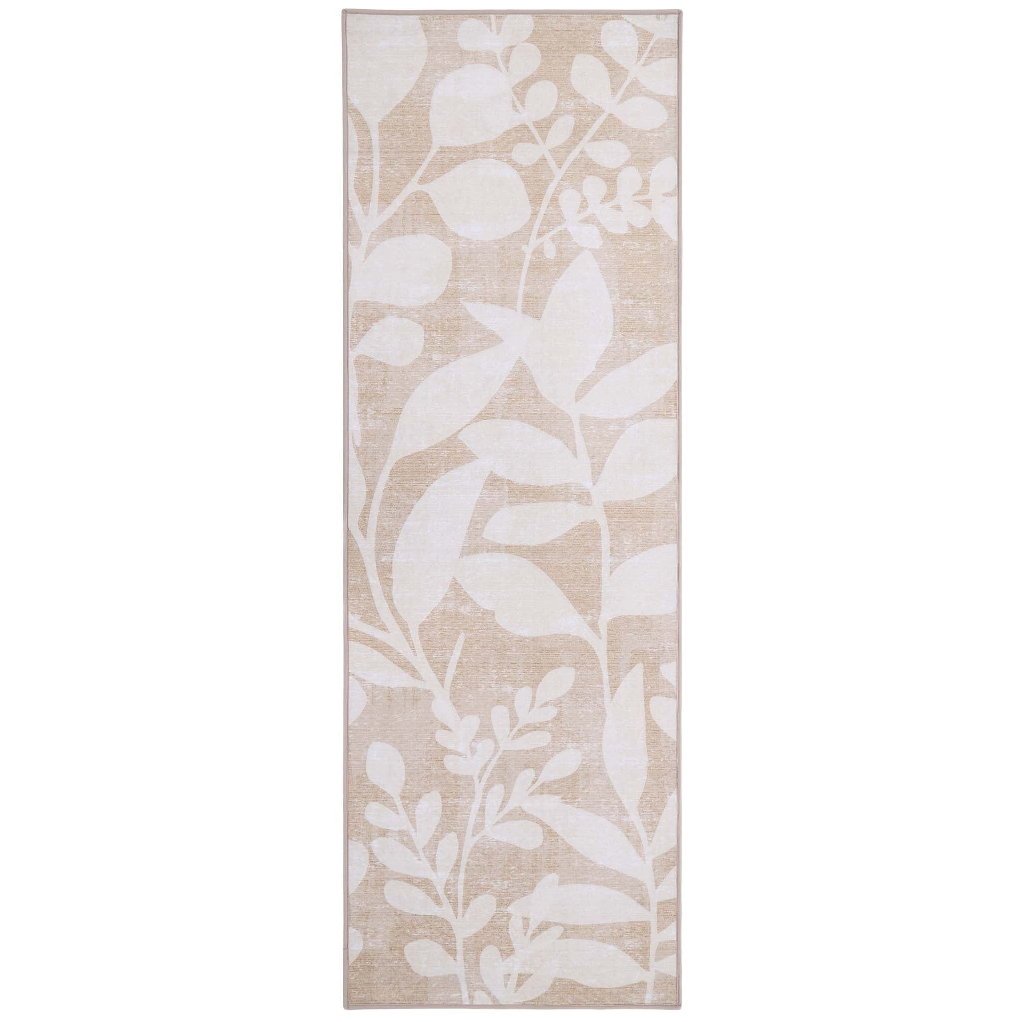 Eden Leaves Natural- 100% recycled material runner featuirng white florals against a natural background.