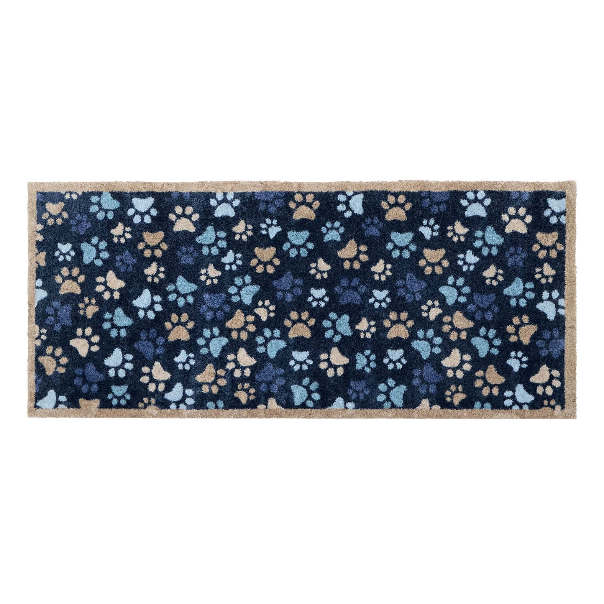 Paws For Love Blue Runner- 100% recycled cotton runner featuring multi- directional paw prints in a heart shape. 