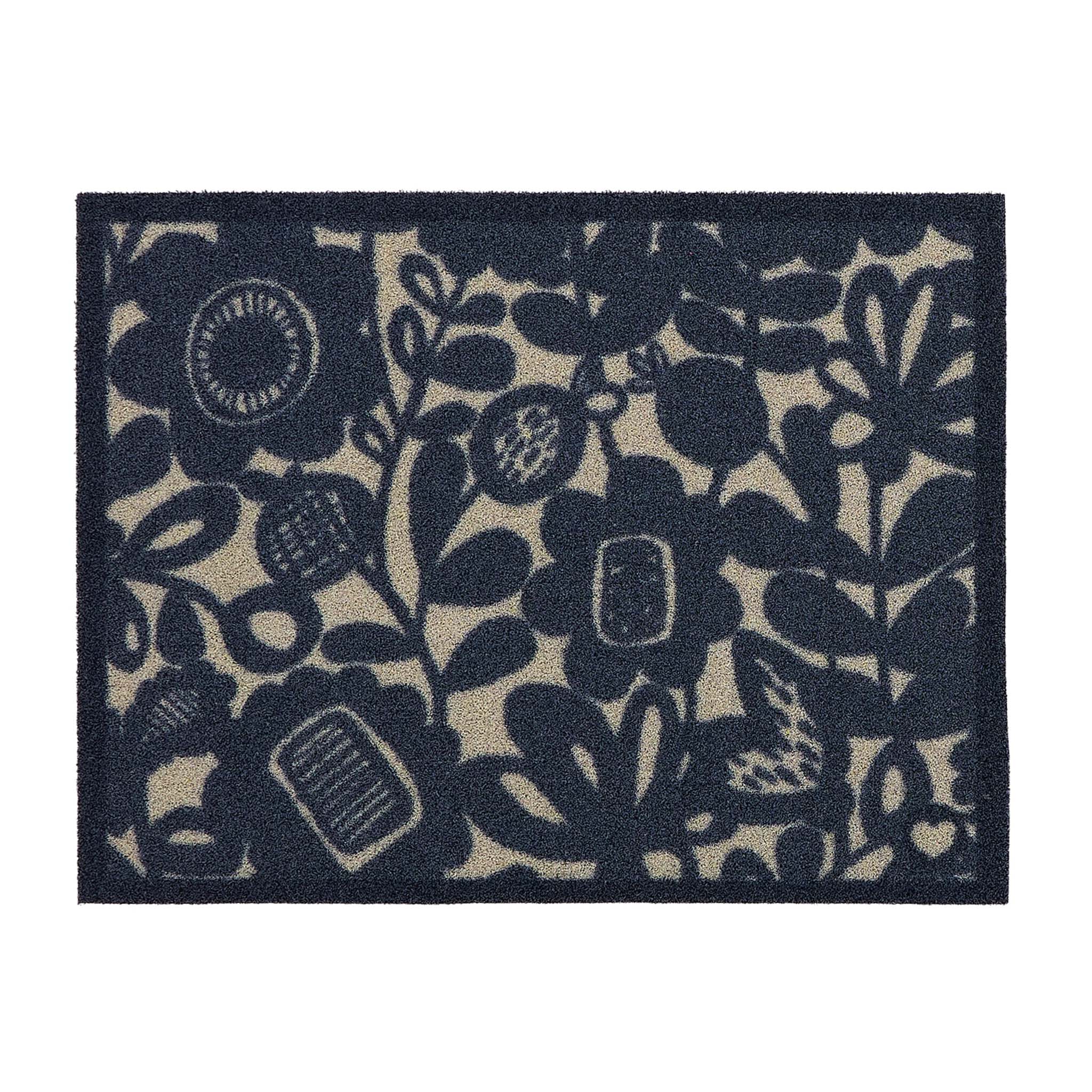 Kukkia Dark Navy Outdoor Doormat. Made from ECONYL regenerated yarn featuring a floral pattern.