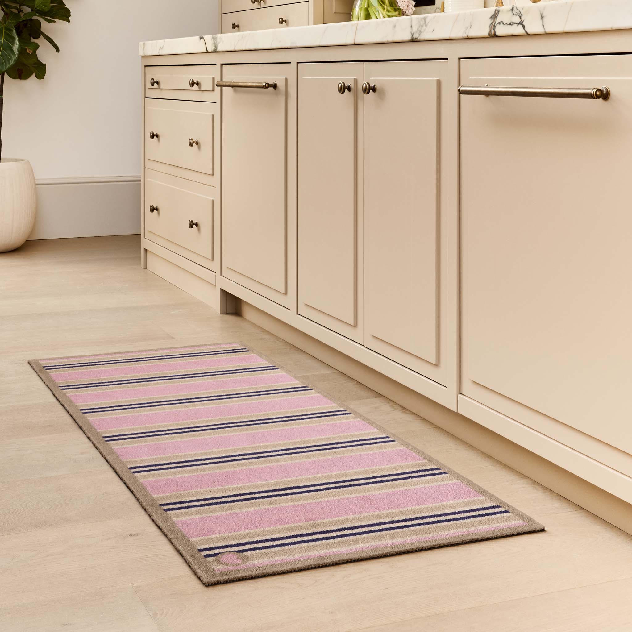 Timeless Stripe Blush Runner- 100% recycled cotton runner featuring a pink and beige striped pattern.