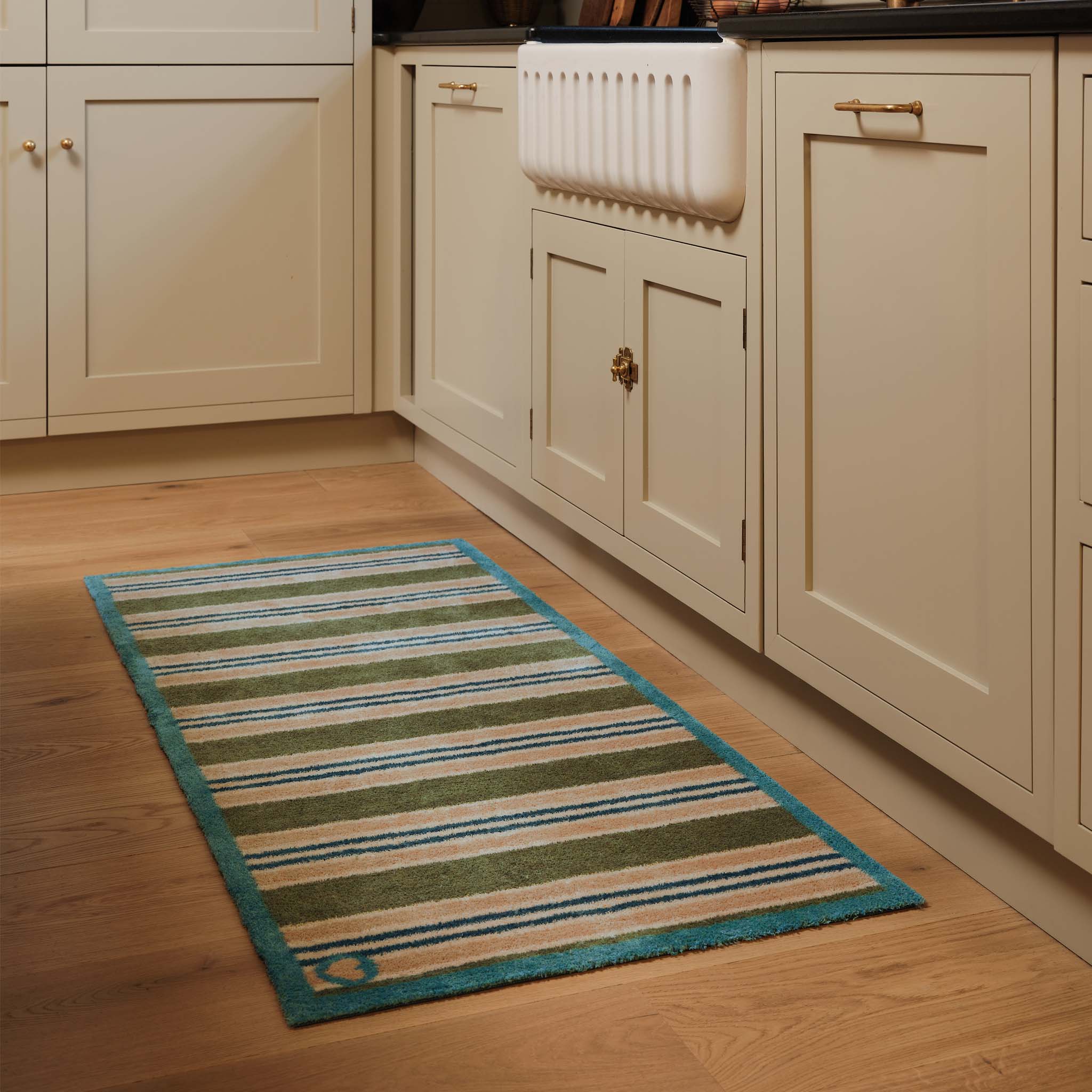 Timeless Stripe Green Runner- 100% recycled cotton runner featuring beige, green and blue stripes.