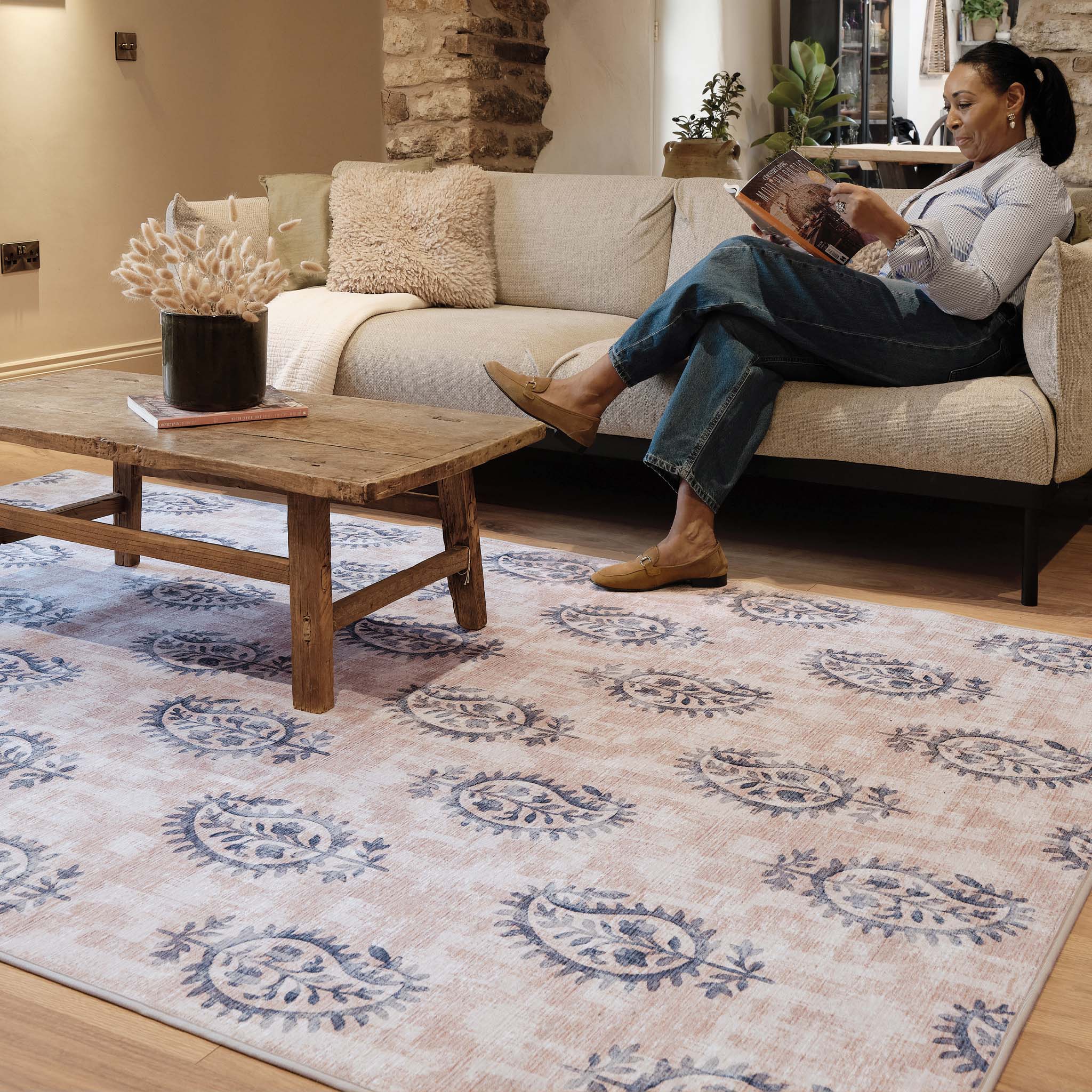 Hug Rug Eco-Washable Woodblock Paisley Blue