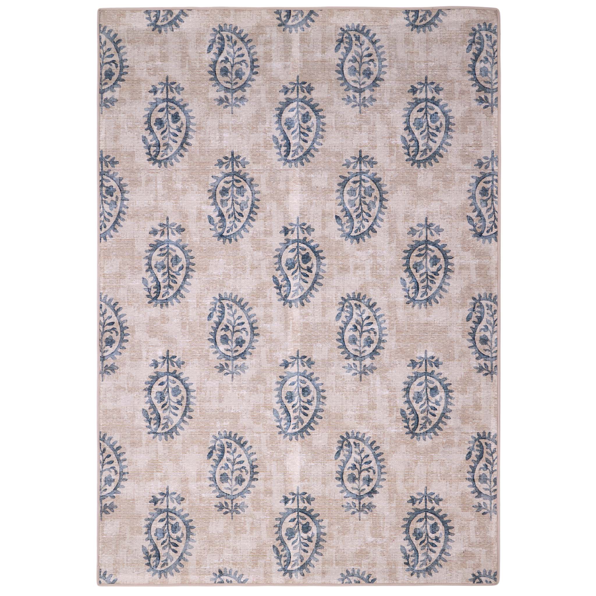 Hug Rug Eco-Washable Woodblock Paisley Blue- 100% recycled content rug featuring a blue paisley pattern.