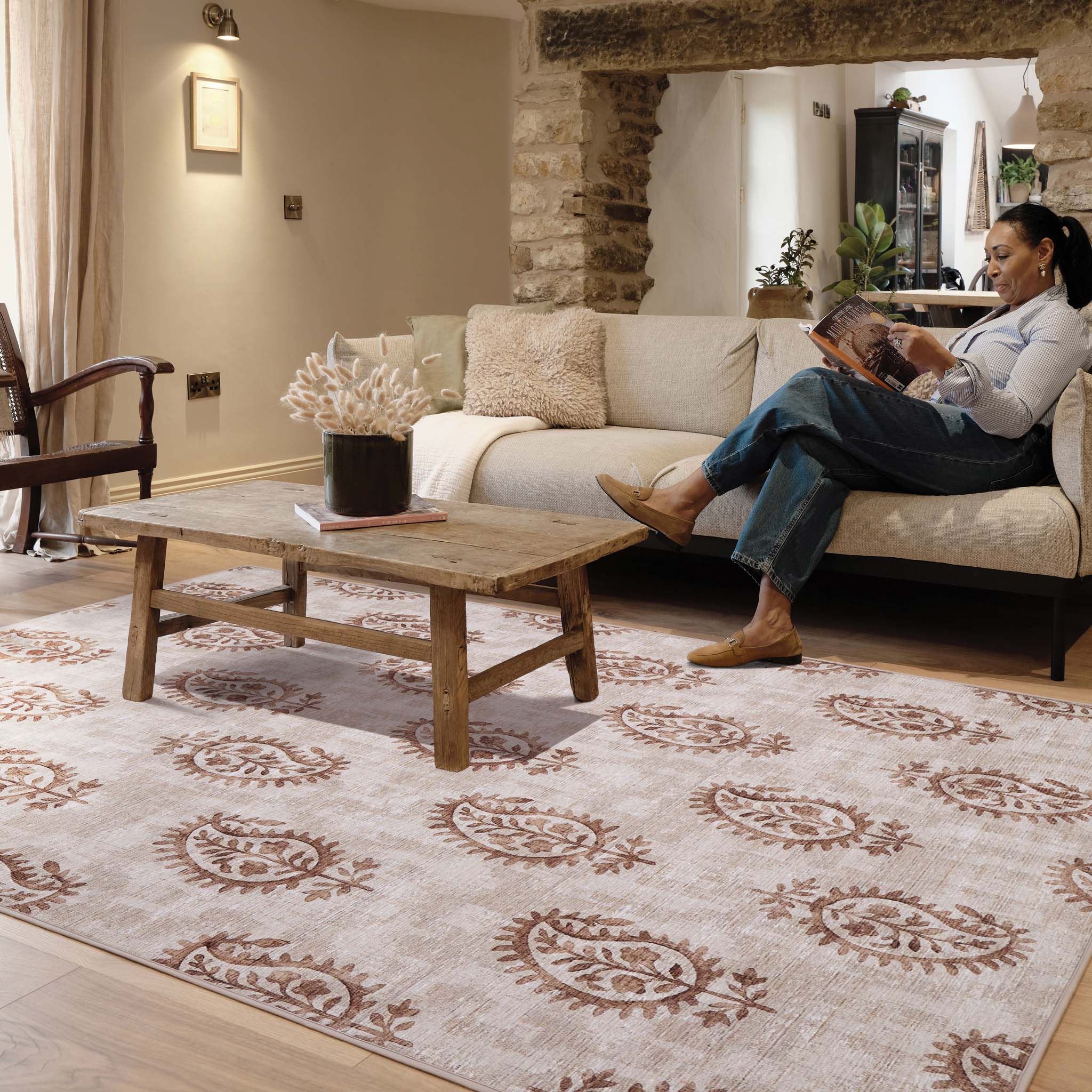 Hug Rug Eco-Washable Woodblock Paisley Rust