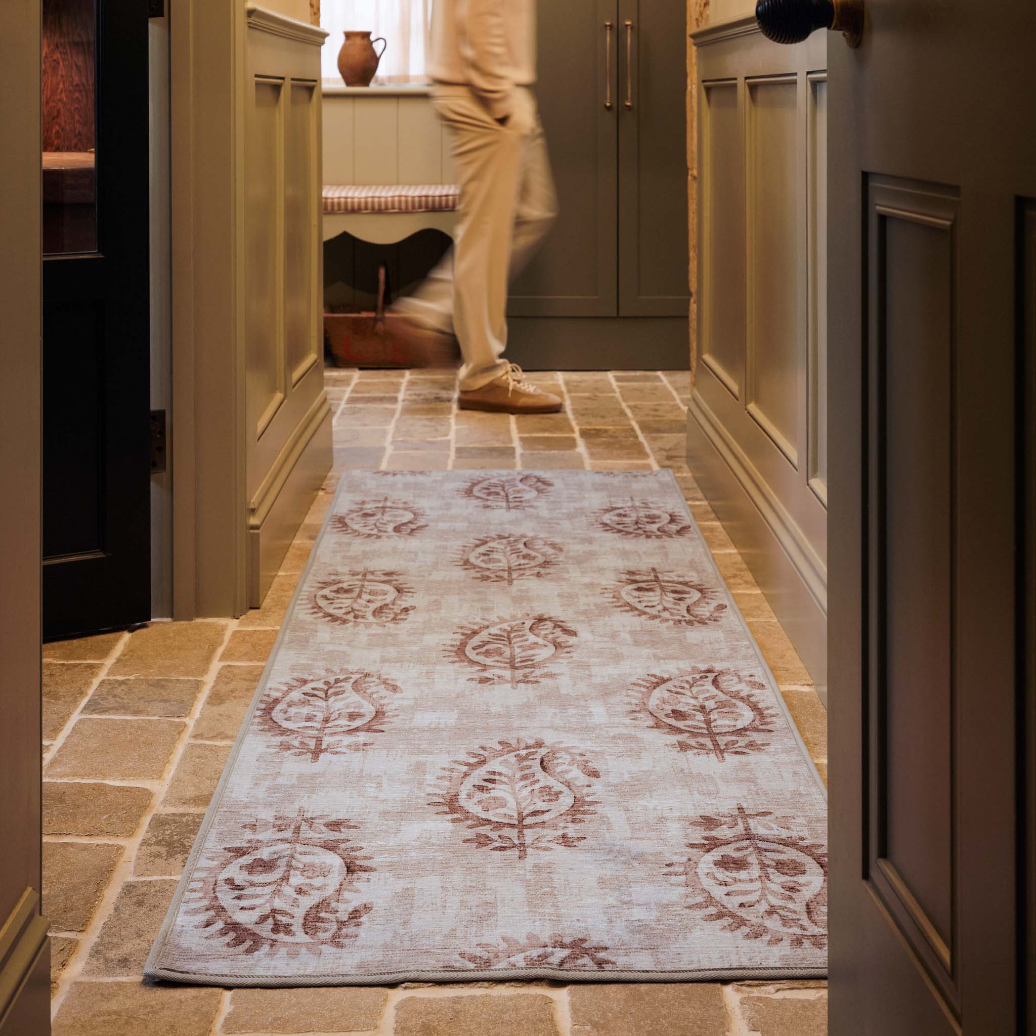 Hug Rug Eco-Washable Woodblock Paisley Rust- 100% recycled content runner featuring orange paisleys.